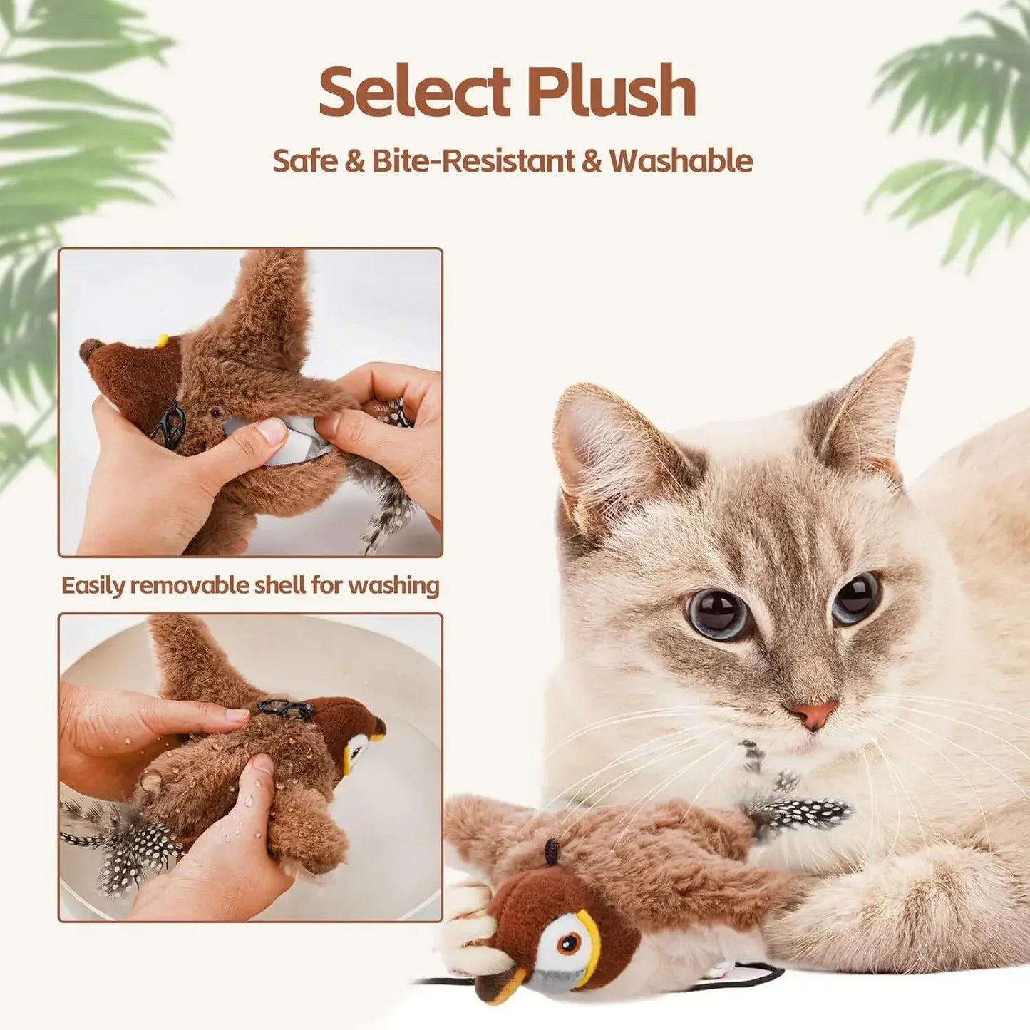 Interactive Cat Toys Rechargeable Flying Bird Cat Toy Chirping Flapping Bird(No Flying) Can Add Catnip Touch Activated Plush Toy