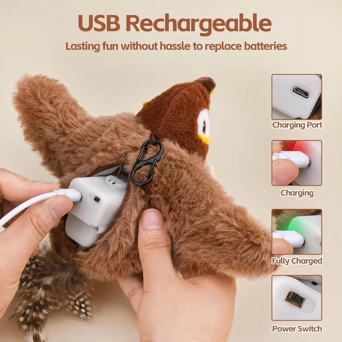 Interactive Cat Toys Rechargeable Flying Bird Cat Toy Chirping Flapping Bird(No Flying) Can Add Catnip Touch Activated Plush Toy