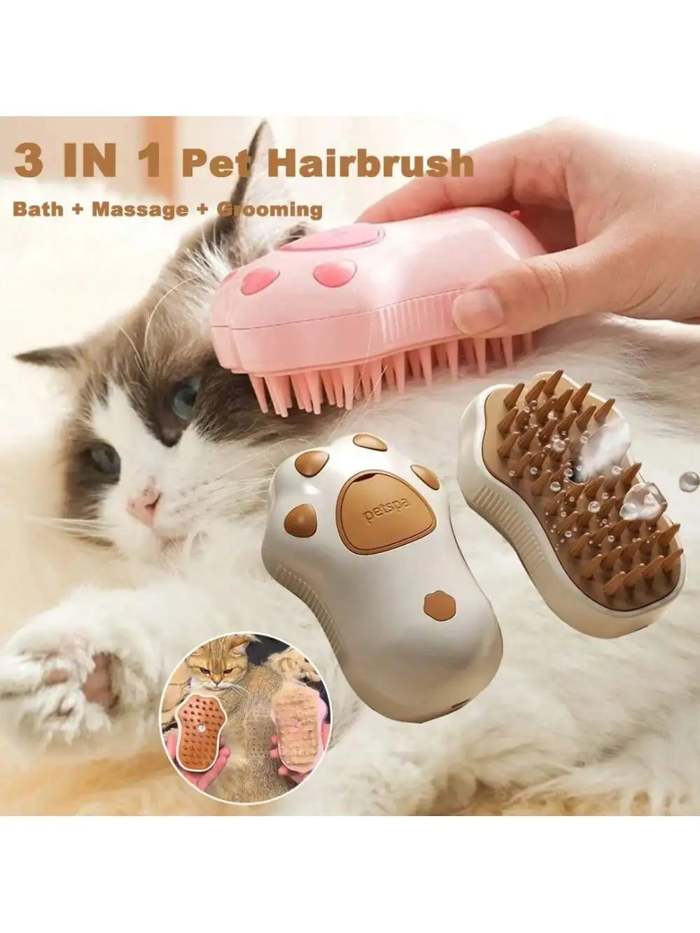 3-In-1 Electric Pet Brush Steam Spray&Massage Dog Cat Grooming Brush Painless Hair Removal Comb for Shedding Control USB Rechar