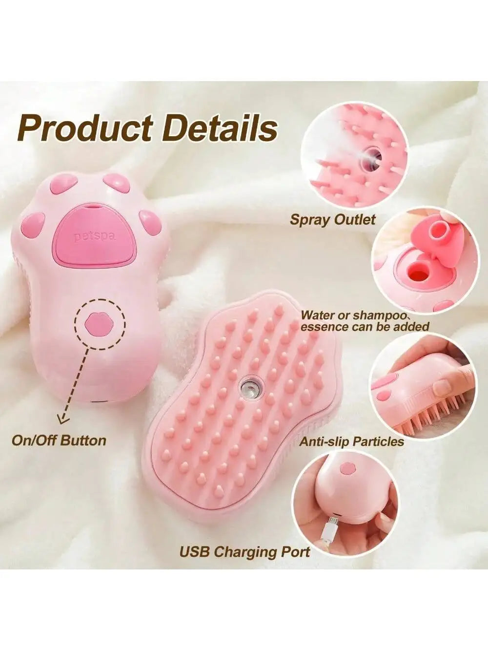 3-In-1 Electric Pet Brush Steam Spray&Massage Dog Cat Grooming Brush Painless Hair Removal Comb for Shedding Control USB Rechar